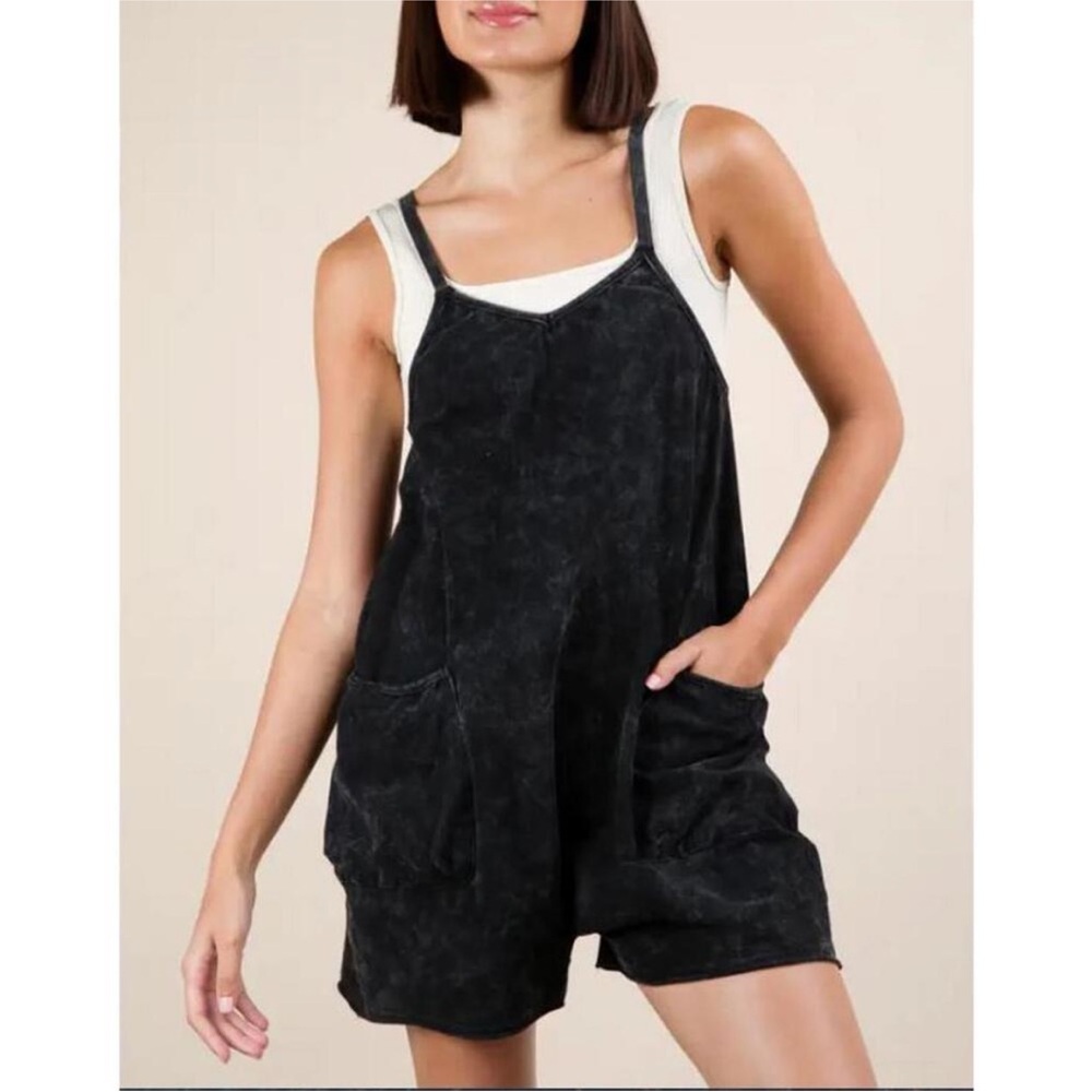 Very J NWT Black Mineral Washed Sleeveless Casual Knit Romper